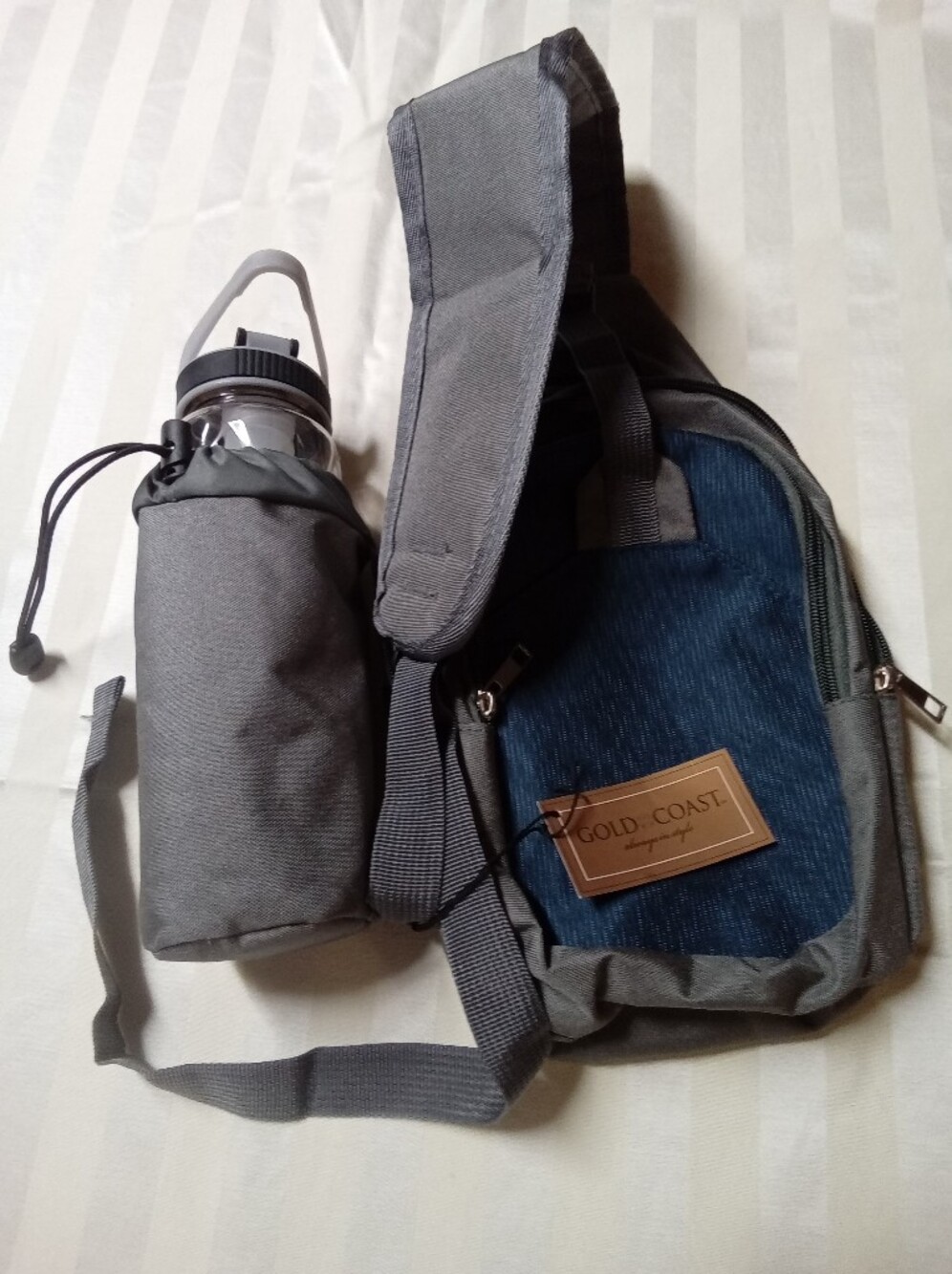 Unisex Gray and Blue Sling Bag with Bottle Holder